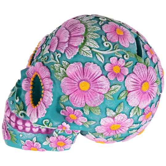 7.75" Blue & Pink Day of the Dead Skull Coin Bank